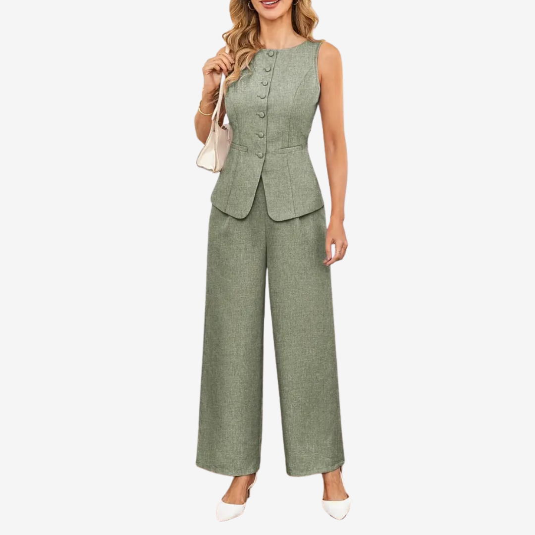 Eleonora – Tailleur due pezzi donna con gilet asimmetrico e pantalone a gamba larga