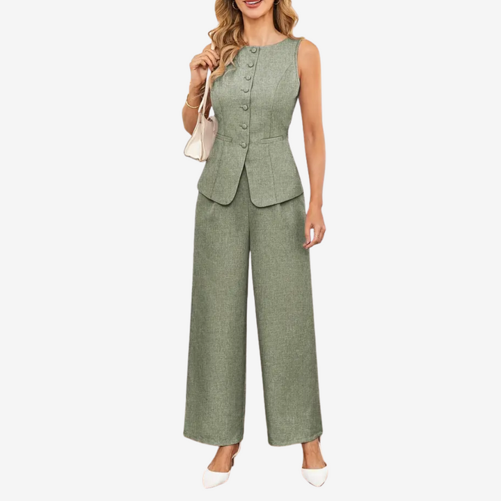 Eleonora – Tailleur due pezzi donna con gilet asimmetrico e pantalone a gamba larga