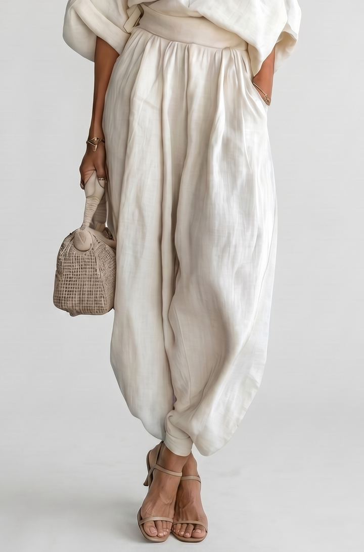 Allegra – Completo monospalla donna con pantalone harem in crema