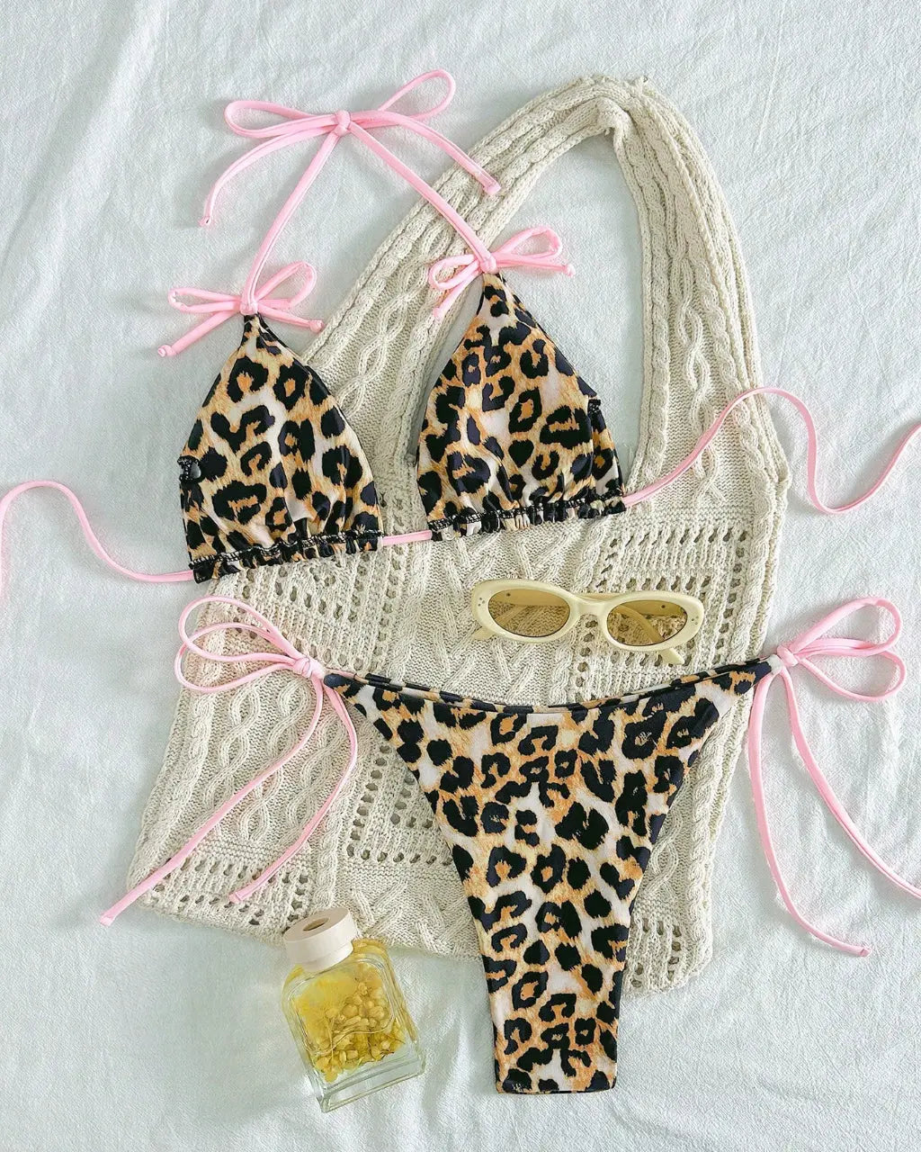 Bikini Leopardato Halter con Laccetti Rosa