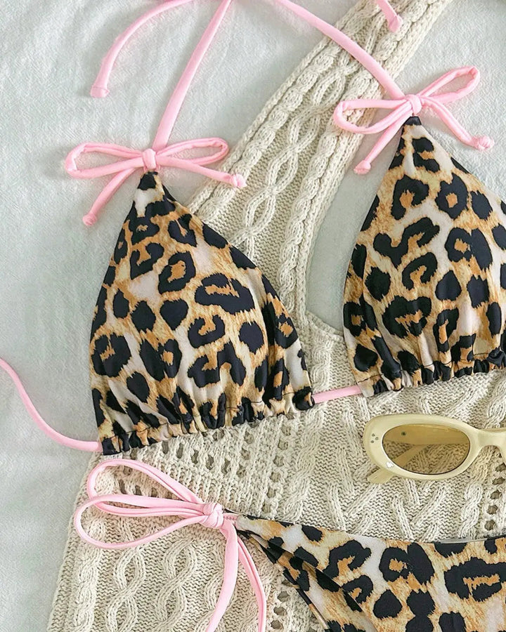 Bikini Leopardato Halter con Laccetti Rosa