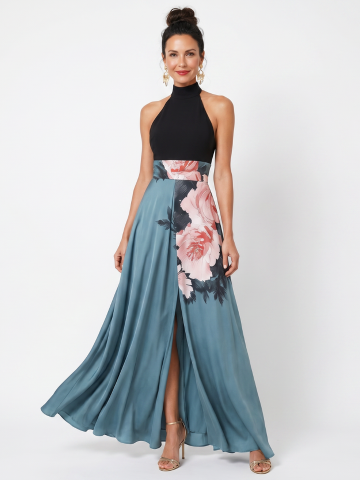 Alessira – Abito maxi halter con stampa floreale