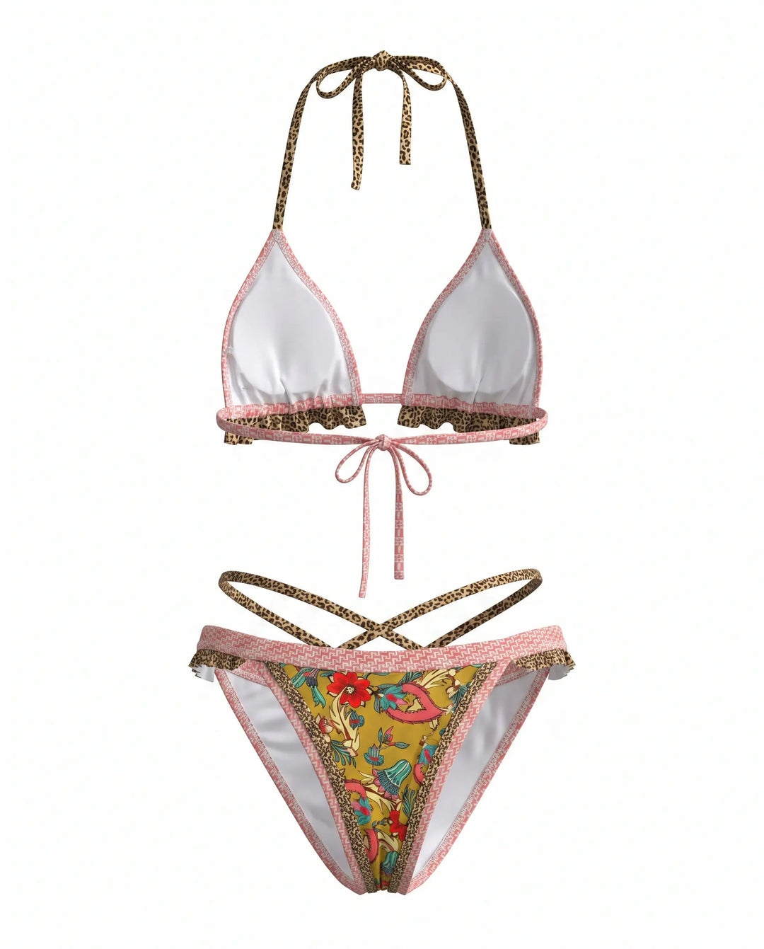 Bikini Halter Floreale a Vita Alta con Bordi Crochet