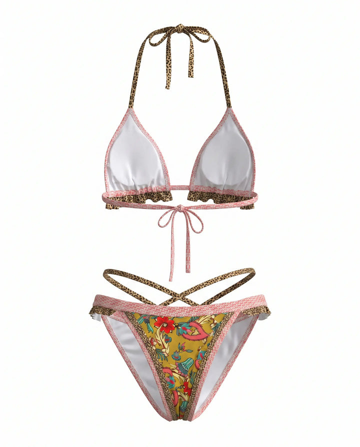 Bikini Halter Floreale a Vita Alta con Bordi Crochet