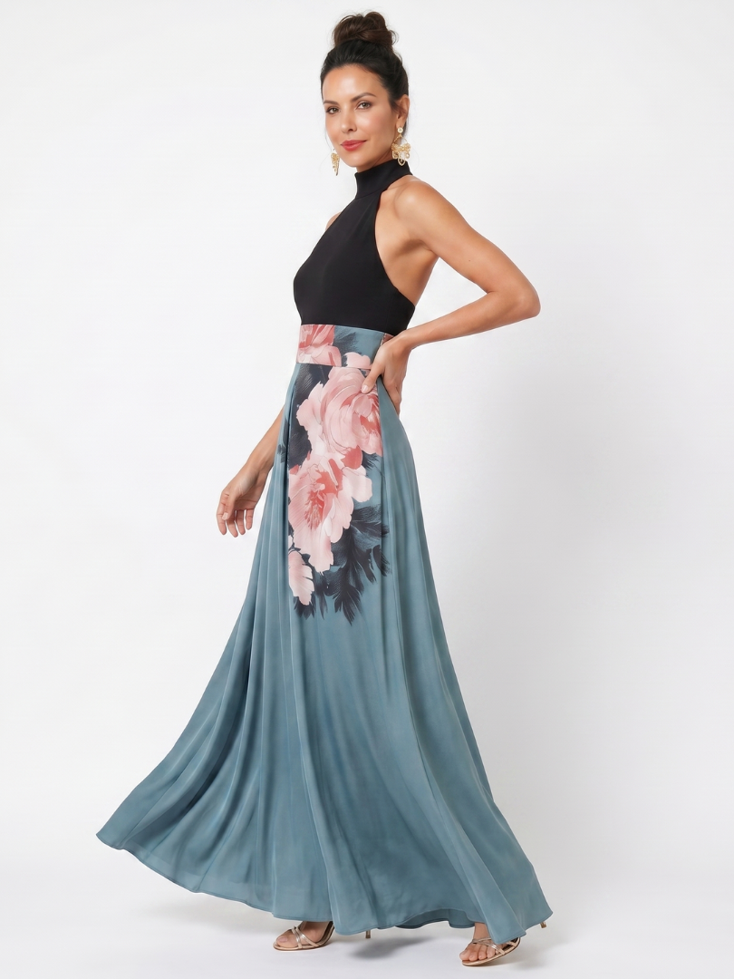 Alessira – Abito maxi halter con stampa floreale
