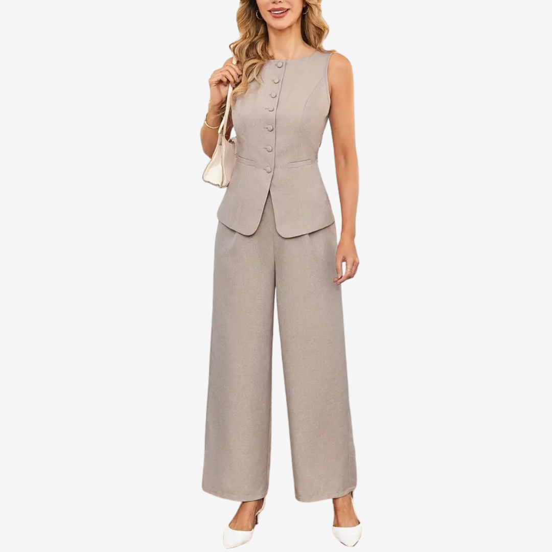 Eleonora – Tailleur due pezzi donna con gilet asimmetrico e pantalone a gamba larga