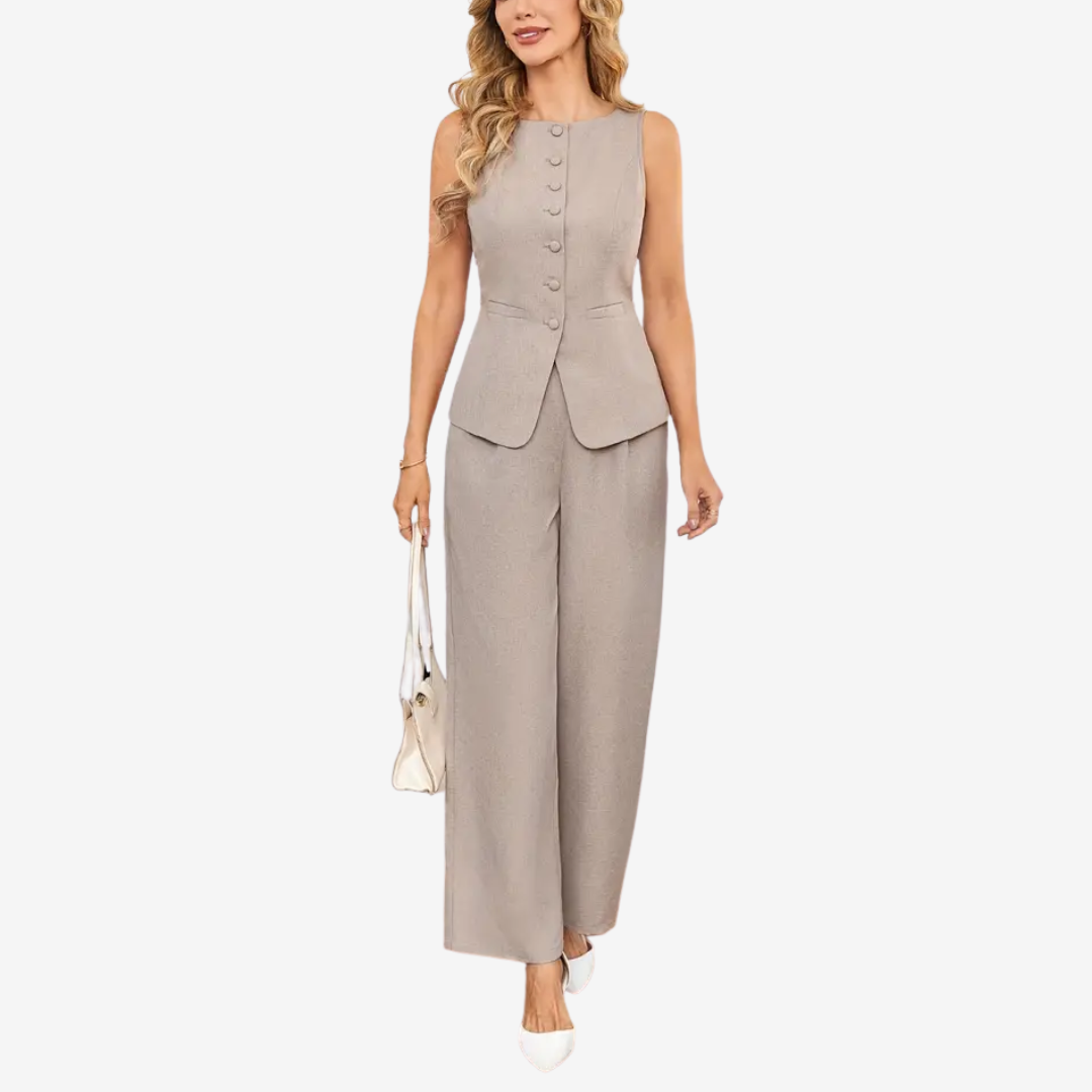 Eleonora – Tailleur due pezzi donna con gilet asimmetrico e pantalone a gamba larga