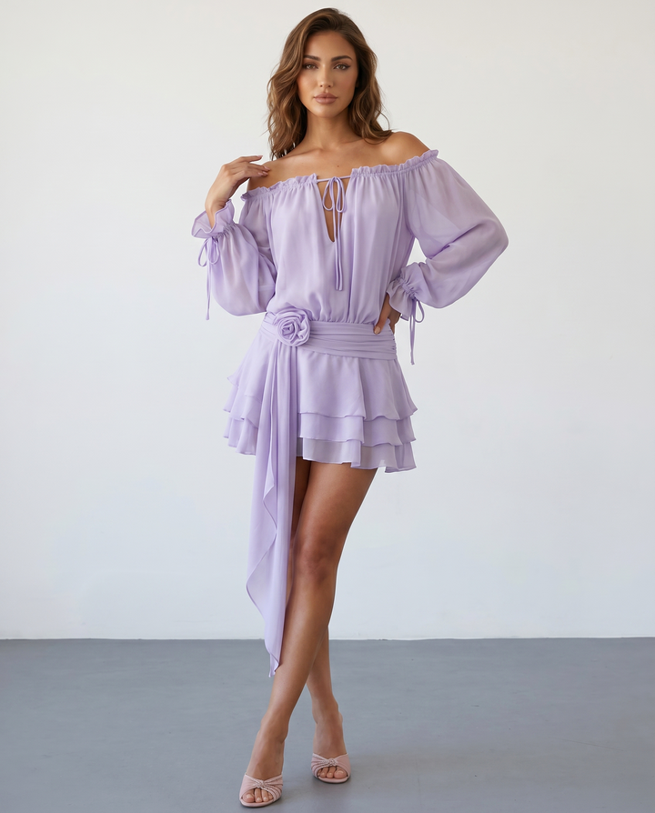 Abito Mini Off-Shoulder con Maniche a Palloncino e Fascia Floreale