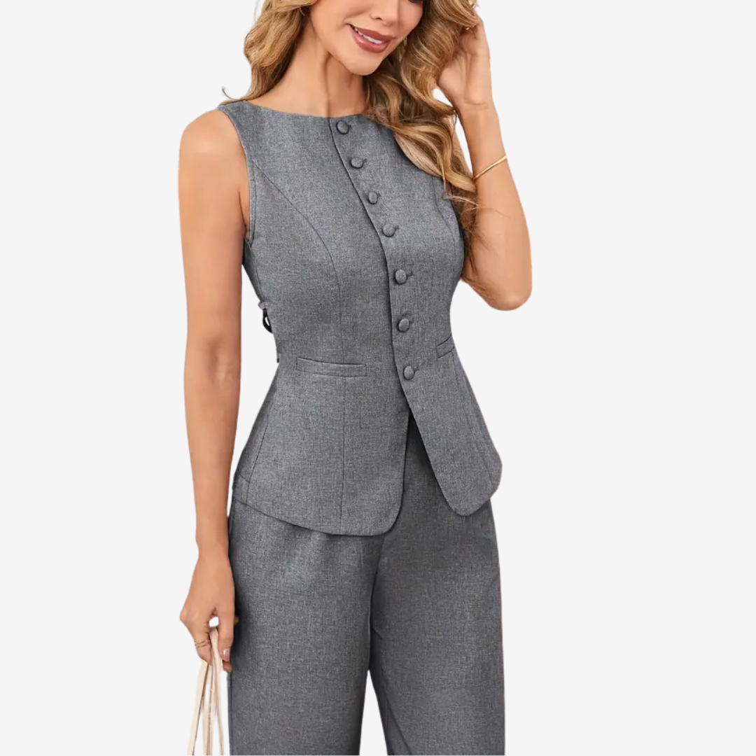 Eleonora – Tailleur due pezzi donna con gilet asimmetrico e pantalone a gamba larga