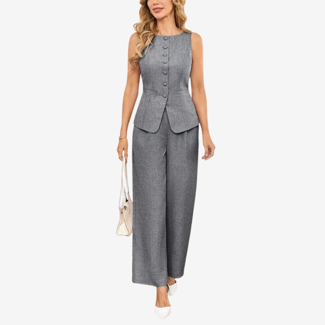 Eleonora – Tailleur due pezzi donna con gilet asimmetrico e pantalone a gamba larga