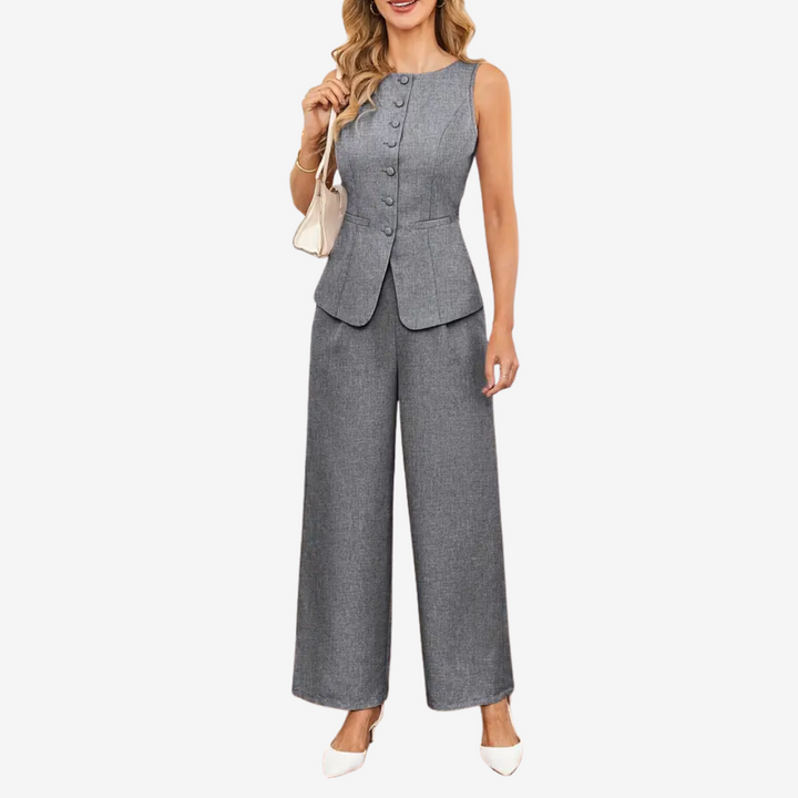 Eleonora – Tailleur due pezzi donna con gilet asimmetrico e pantalone a gamba larga