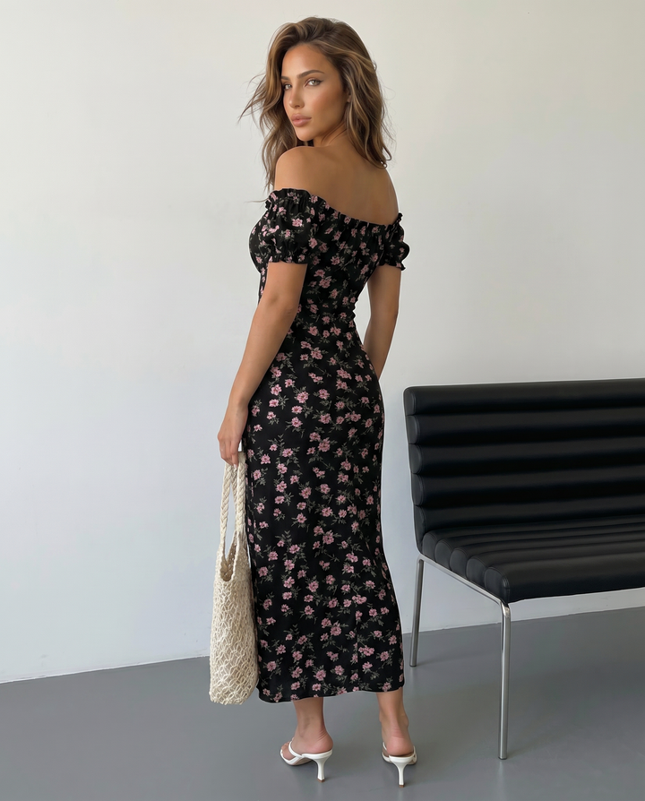 Abito Maxi Floreale Off-Shoulder con Spacco Alto