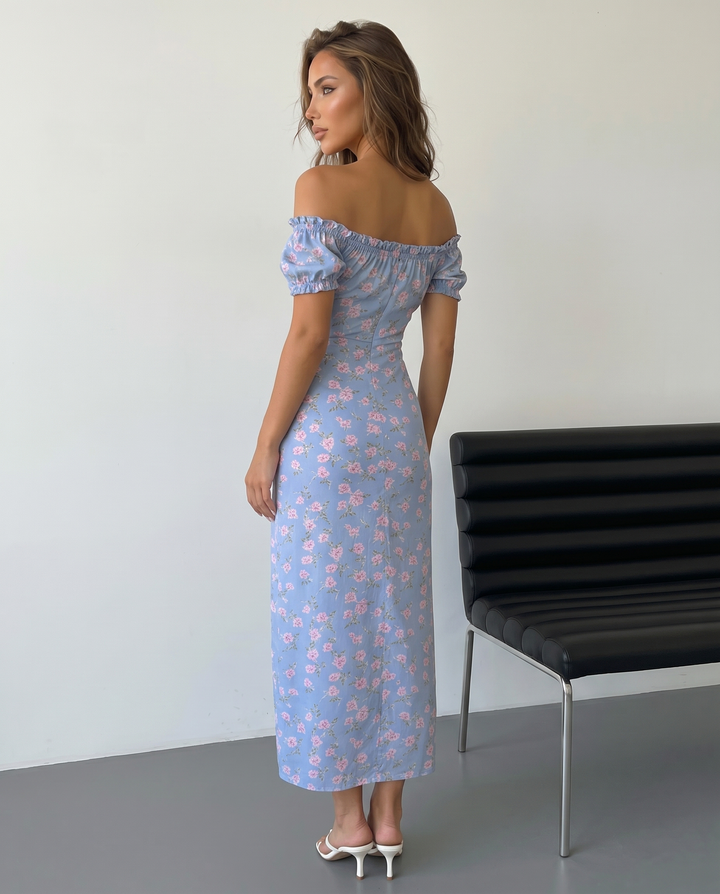 Abito Maxi Floreale Off-Shoulder con Spacco Alto