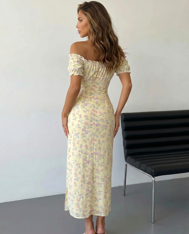Abito Maxi Floreale Off-Shoulder con Spacco Alto