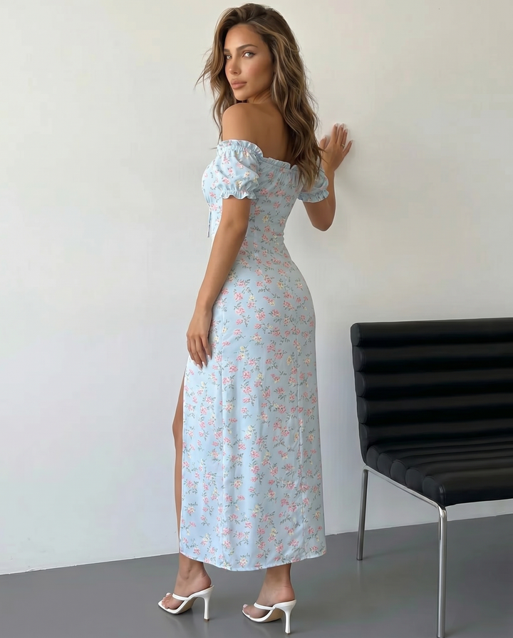 Abito Maxi Floreale Off-Shoulder con Spacco Alto