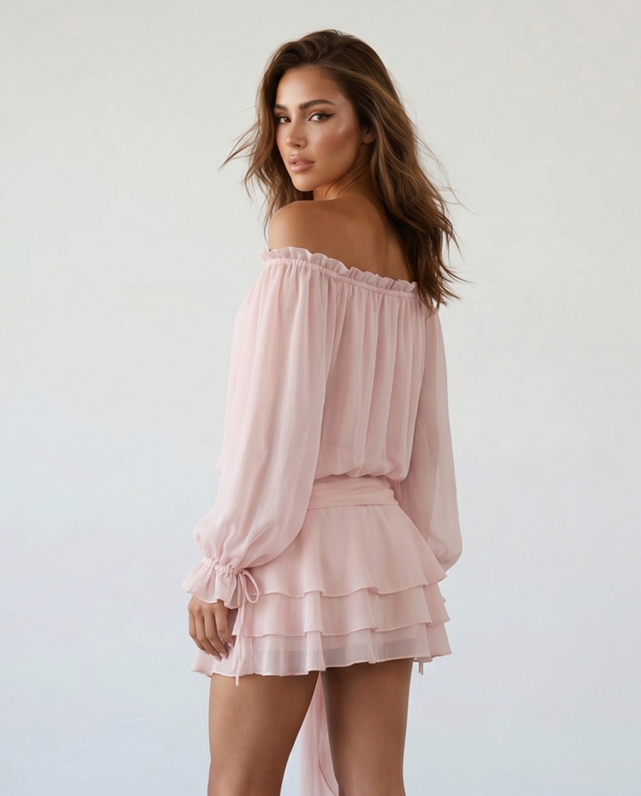 Abito Mini Off-Shoulder con Maniche a Palloncino e Fascia Floreale