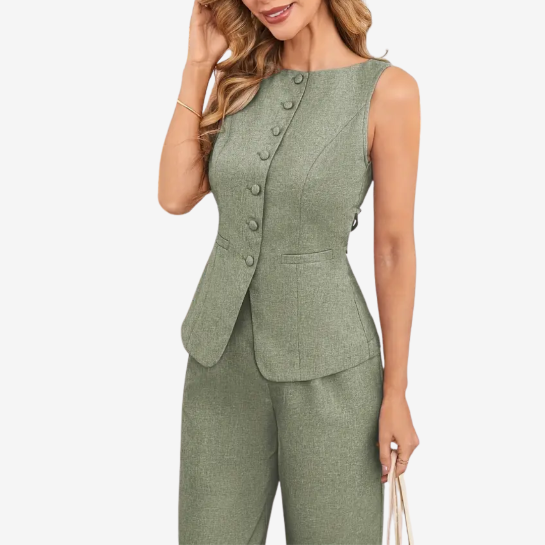 Eleonora – Tailleur due pezzi donna con gilet asimmetrico e pantalone a gamba larga