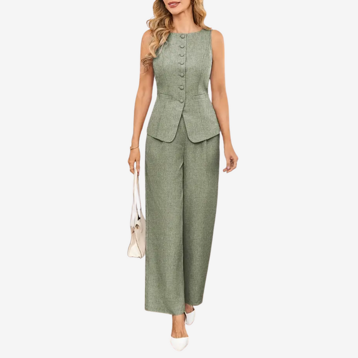 Eleonora – Tailleur due pezzi donna con gilet asimmetrico e pantalone a gamba larga