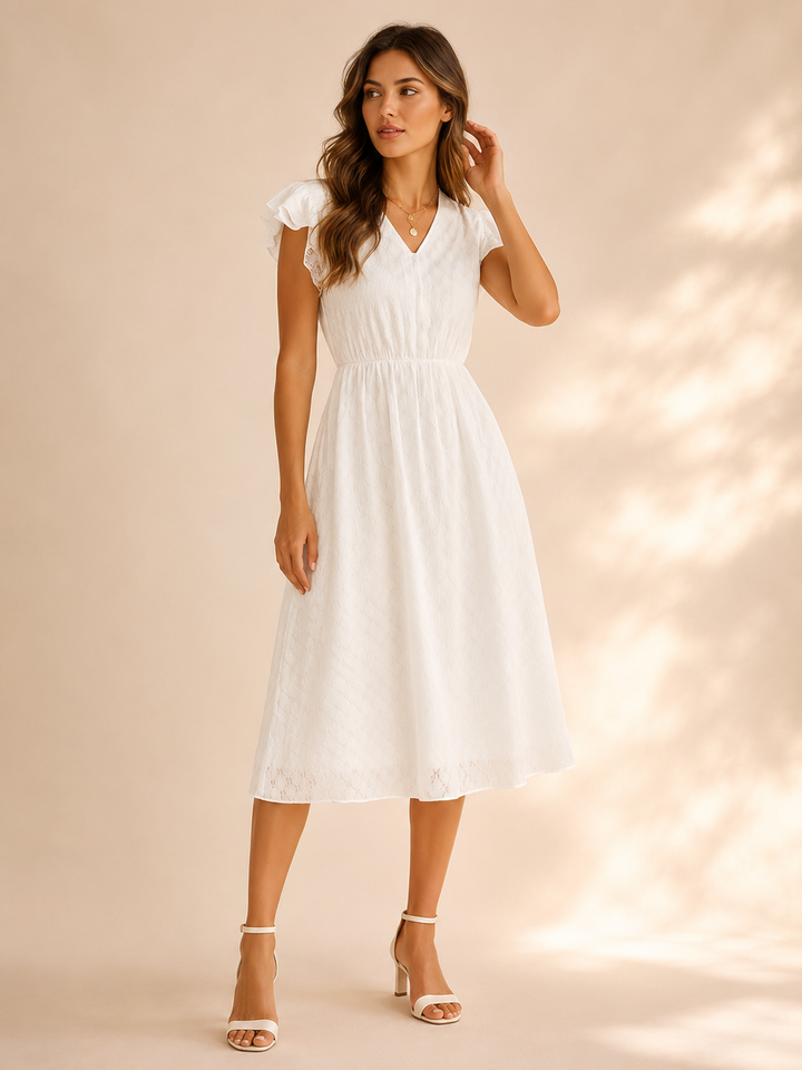 Eliana | Abito Midi Bianco con Scollo a V