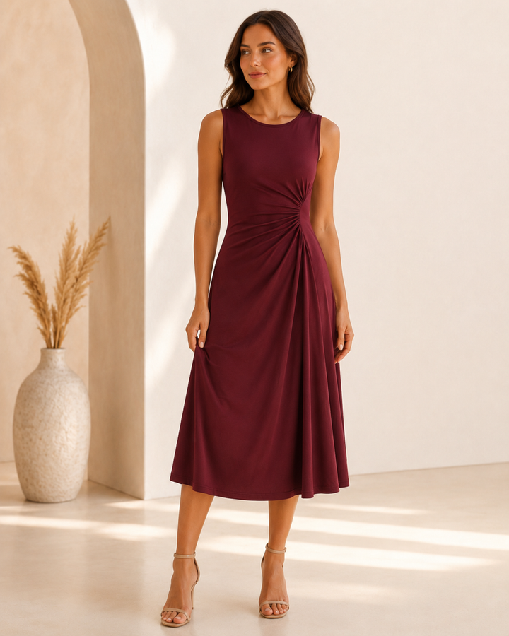 Lunia | Abito Midi Elegante con Raffinato Drappeggio in Vita