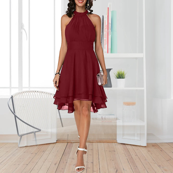 Vrouwen Elegante Jurk Zomer Solid Hoge Taille Halter Mouwloze Midi Jurken Dames Cropped Gelaagde Chiffon Party Slim Jurken