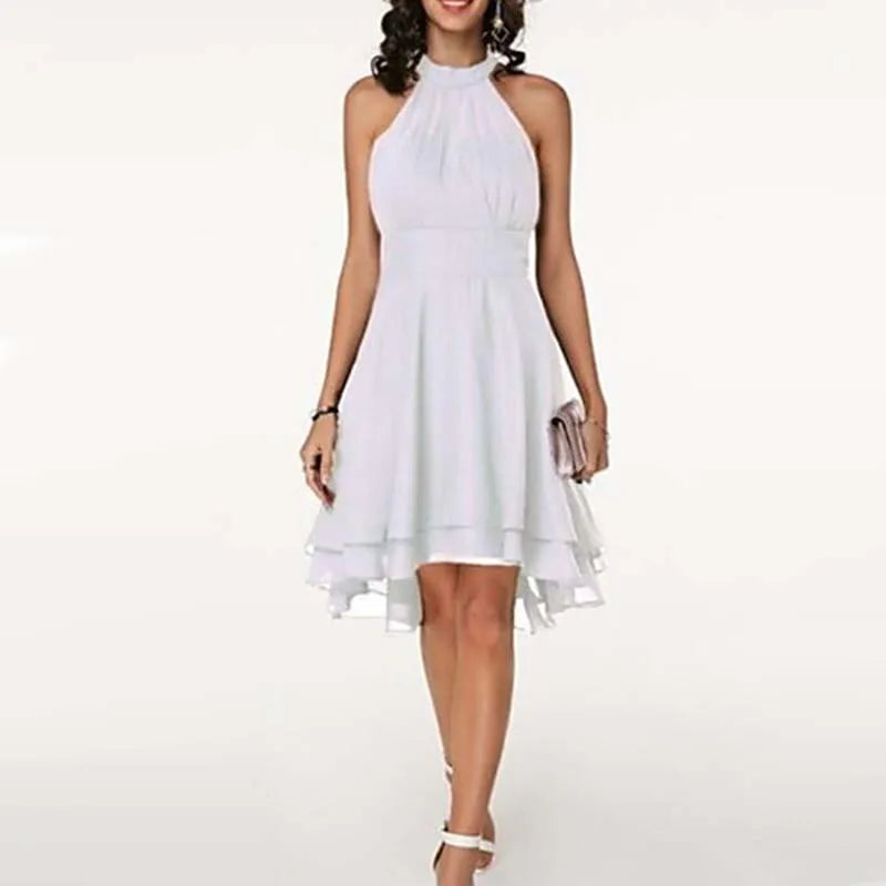 Vrouwen Elegante Jurk Zomer Solid Hoge Taille Halter Mouwloze Midi Jurken Dames Cropped Gelaagde Chiffon Party Slim Jurken