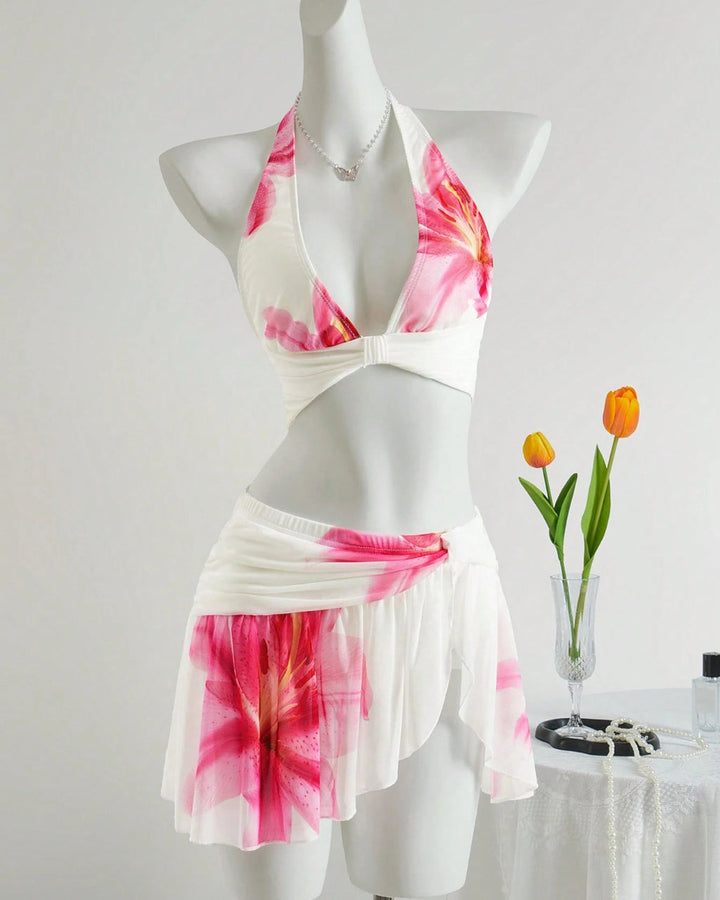 Bikini Halter Stampa Gigli Rosa con Gonna Trasparente