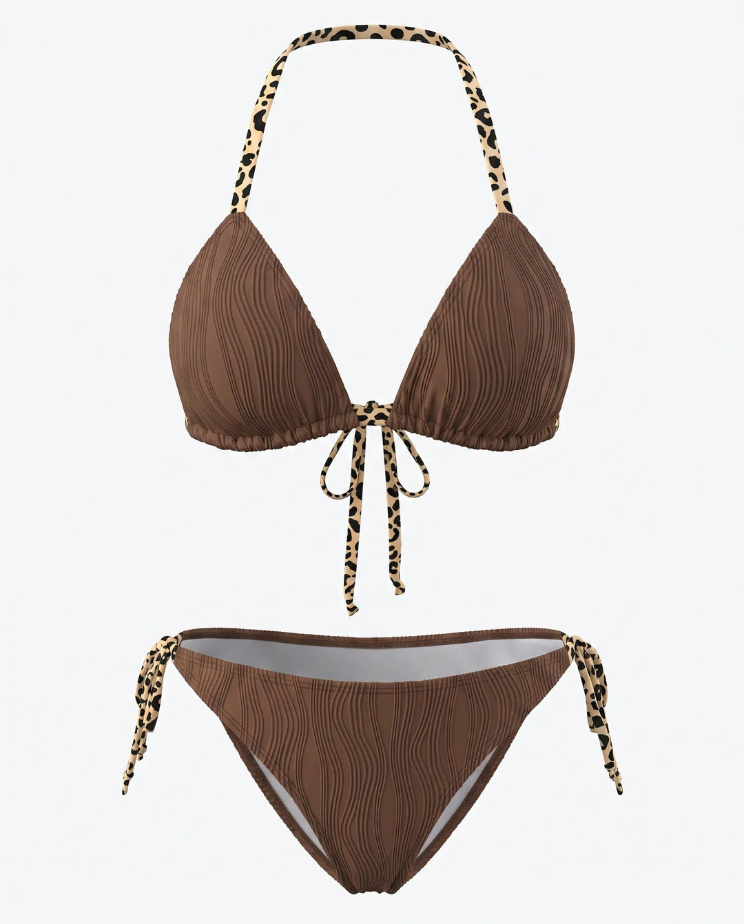 Bikini Halter Marrone con Bordi Leopardati e Laccetti