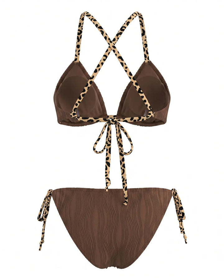 Bikini Halter Marrone con Bordi Leopardati e Laccetti