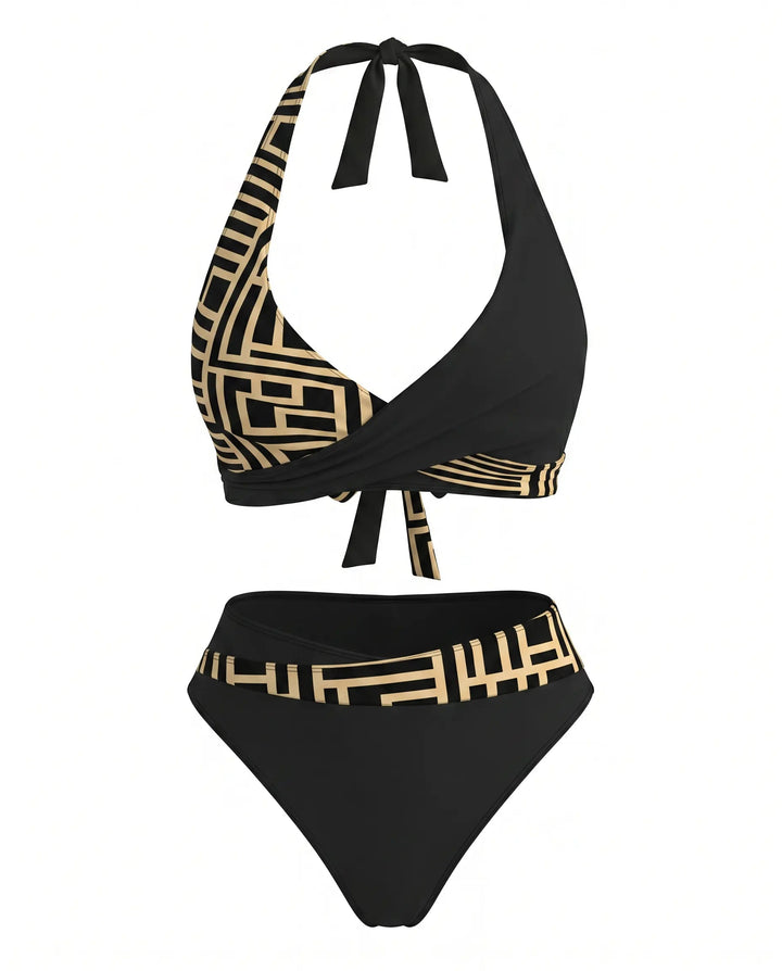 Bikini Halter Stampa Geometrica Nera a Vita Alta