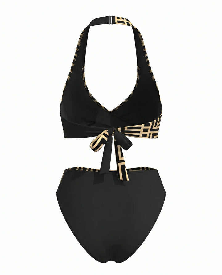 Bikini Halter Stampa Geometrica Nera a Vita Alta