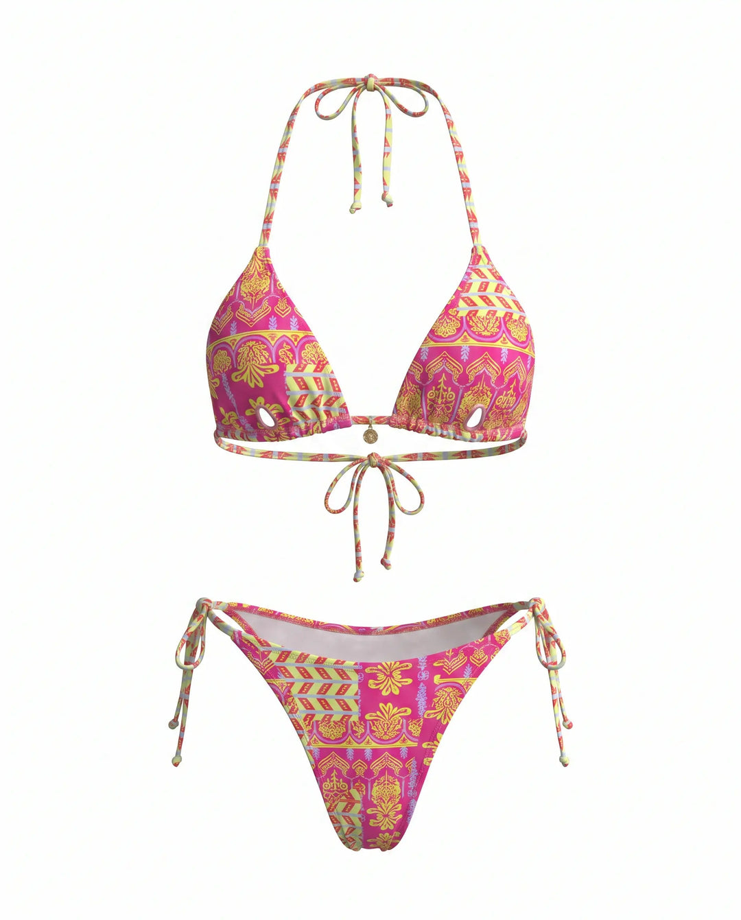 Bikini Triangolo Rosa Stampa Astratta con Fiocco