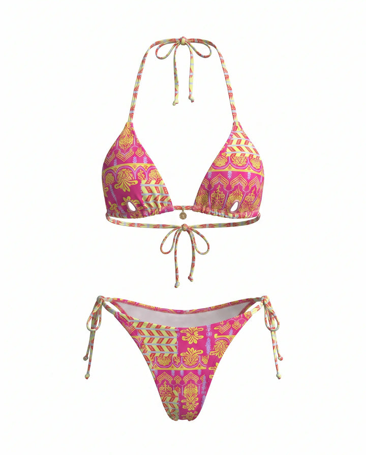 Bikini Triangolo Rosa Stampa Astratta con Fiocco