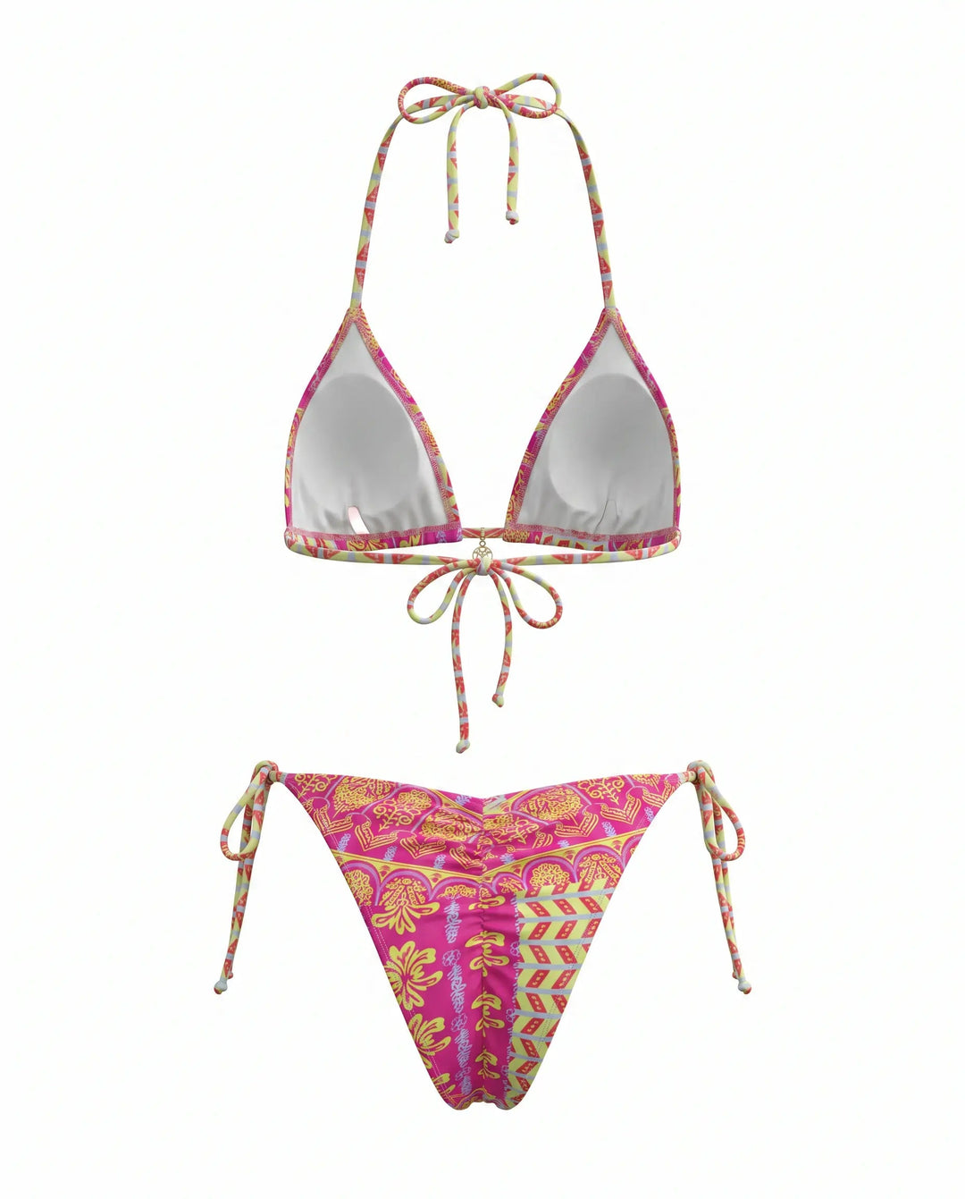 Bikini Triangolo Rosa Stampa Astratta con Fiocco