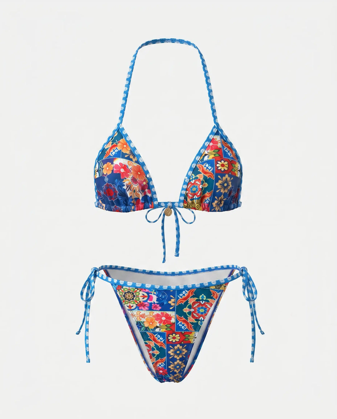 Bikini Triangolo Floreale Blu con Fiocco e Laccetti
