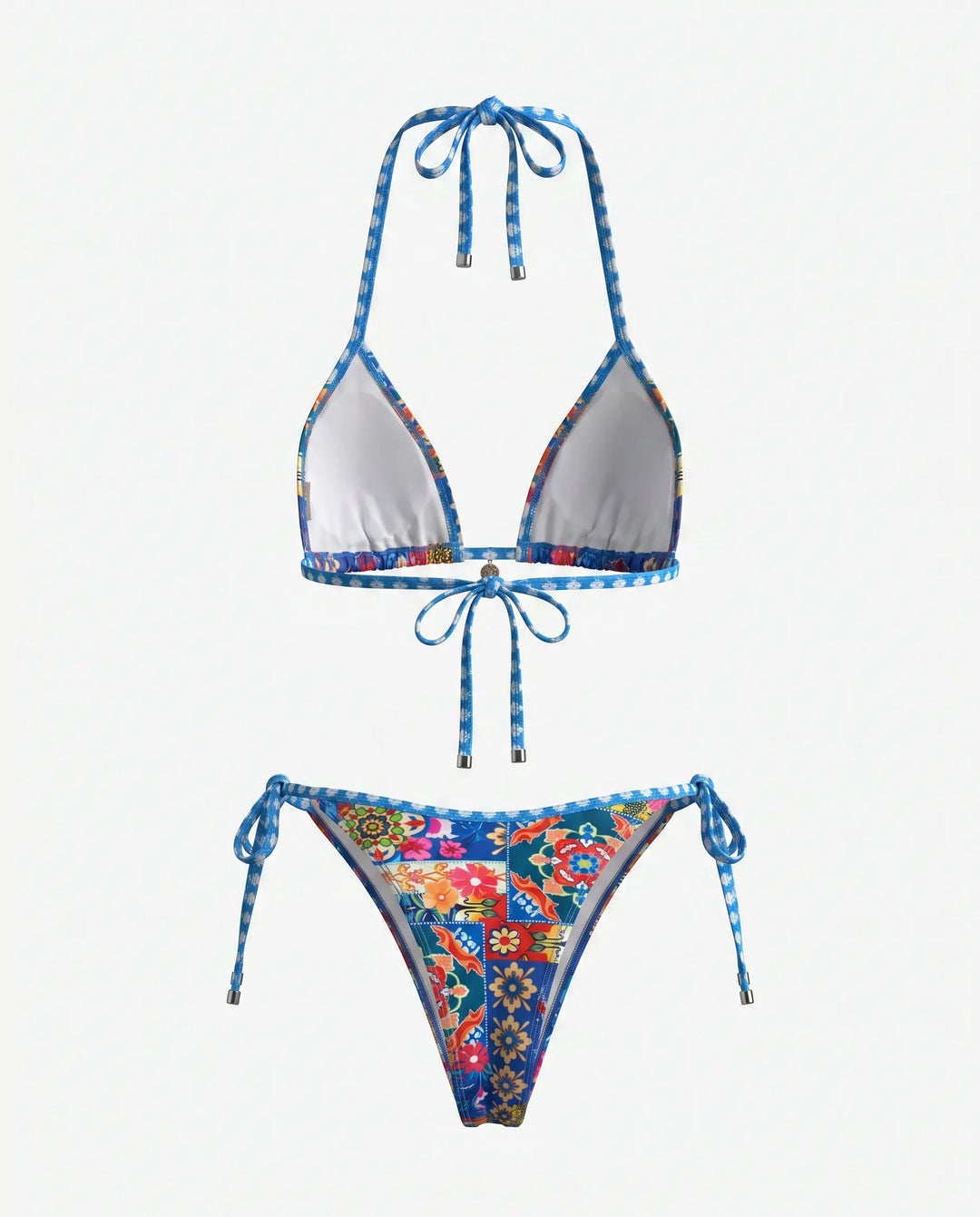 Bikini Triangolo Floreale Blu con Fiocco e Laccetti
