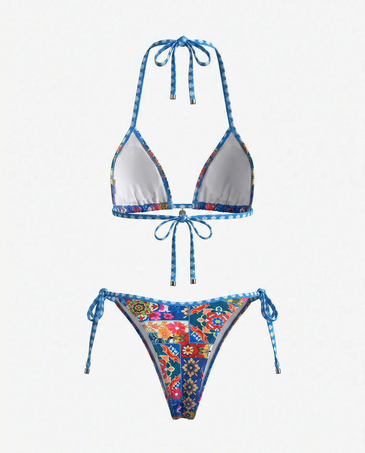 Bikini Triangolo Floreale Blu con Fiocco e Laccetti