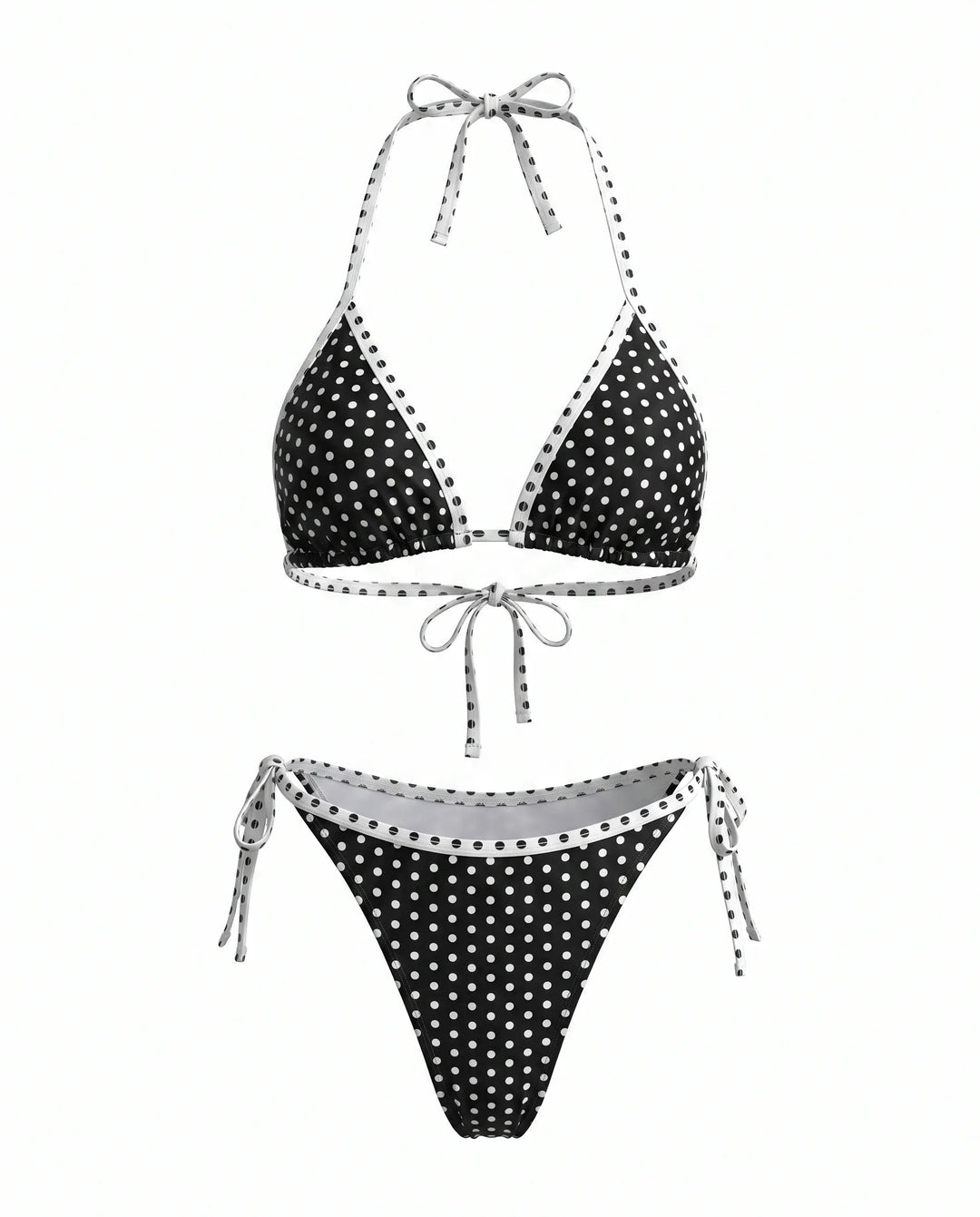 Bikini Triangolo a Pois Neri con Laccetti Laterali