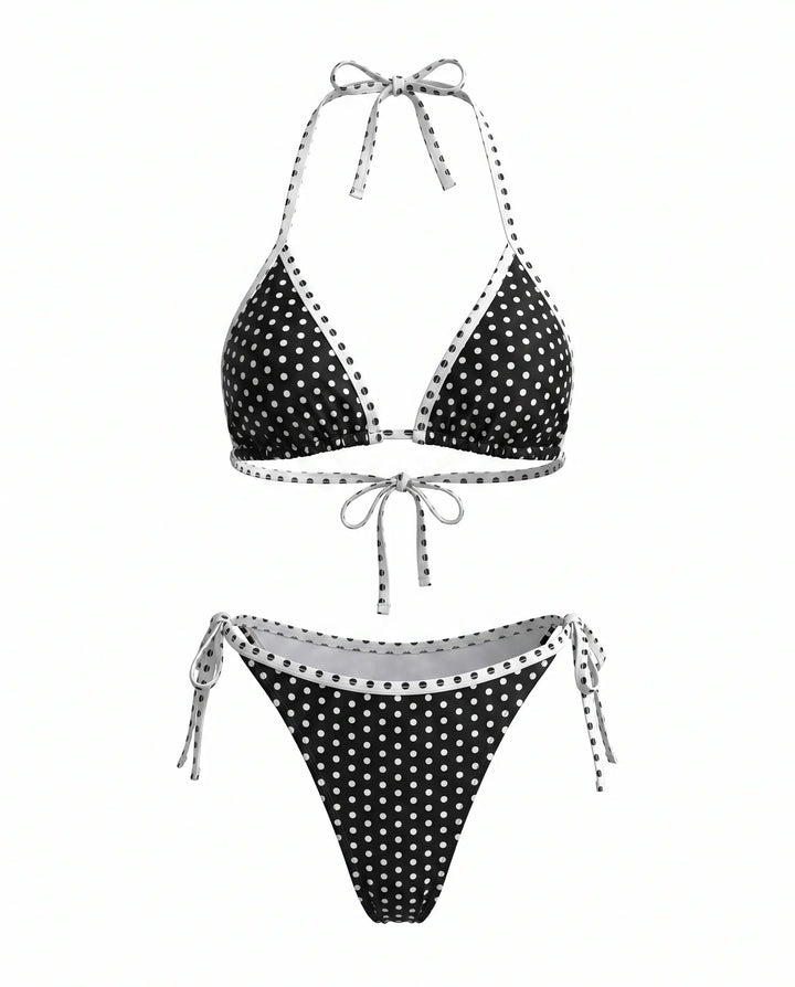 Bikini Triangolo a Pois Neri con Laccetti Laterali