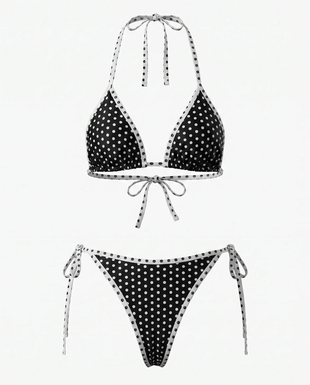 Bikini Triangolo a Pois Neri con Laccetti Laterali