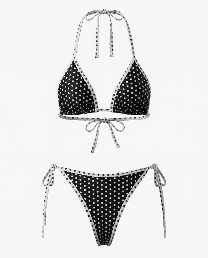Bikini Triangolo a Pois Neri con Laccetti Laterali