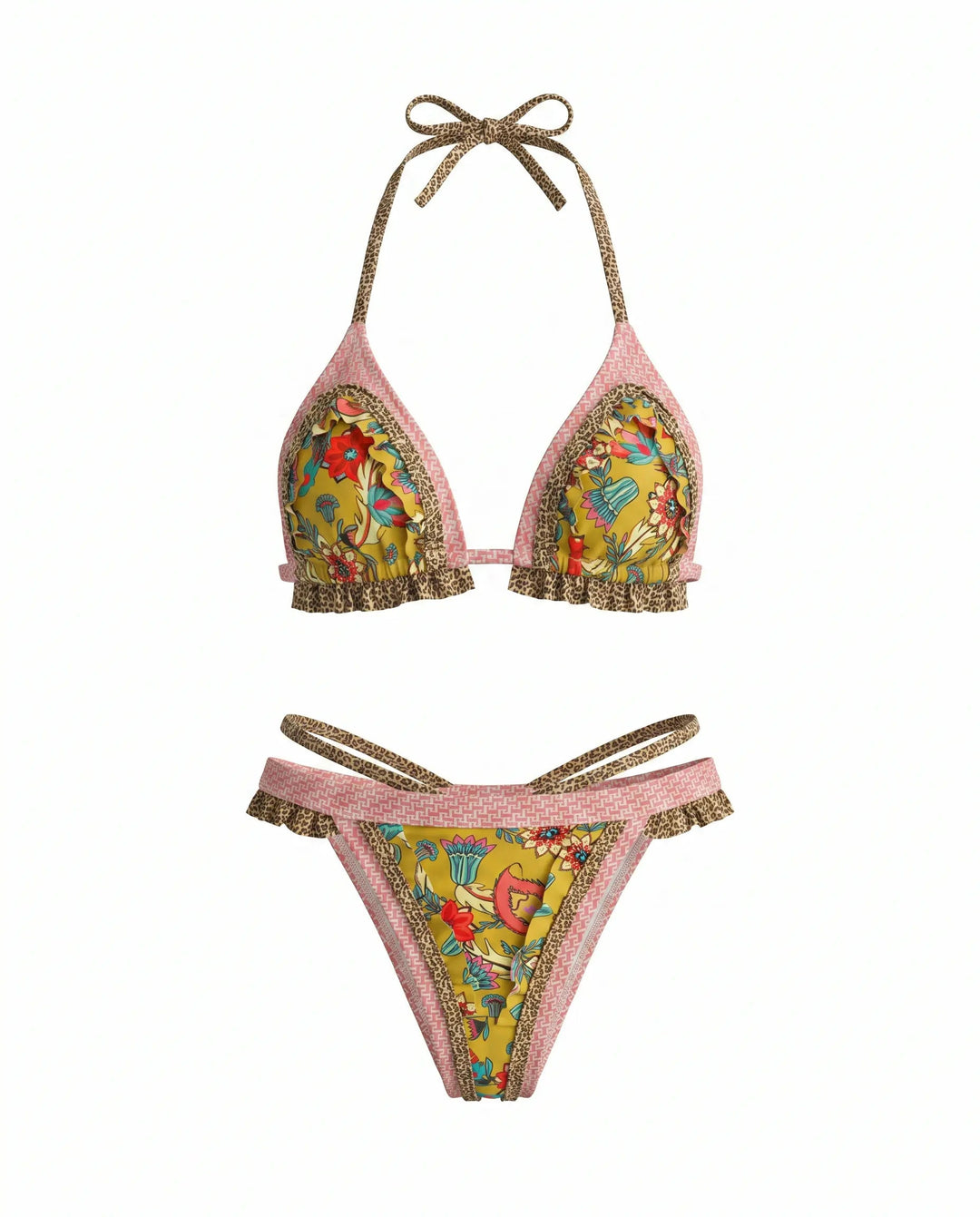 Bikini Halter Floreale a Vita Alta con Bordi Crochet