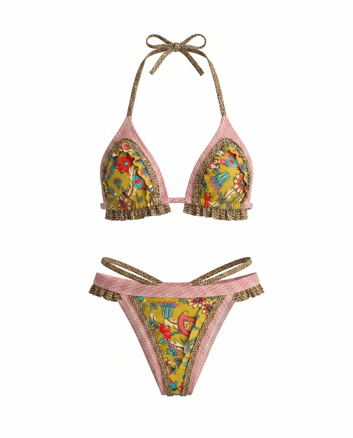 Bikini Halter Floreale a Vita Alta con Bordi Crochet