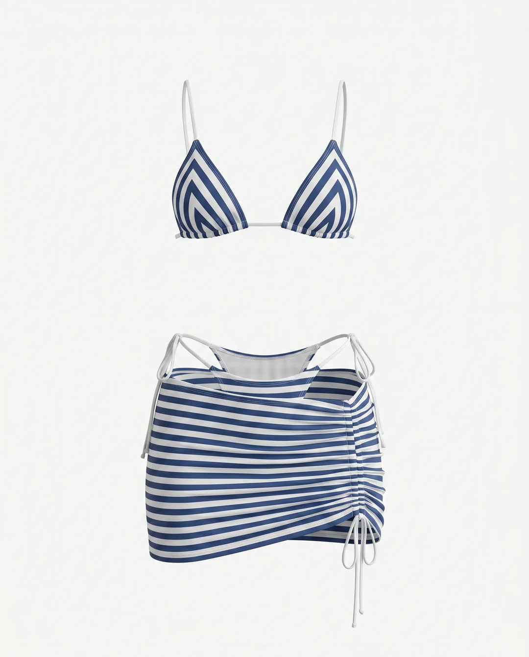 Set Bikini Tre Pezzi a Righe Blu con Gonna Mini