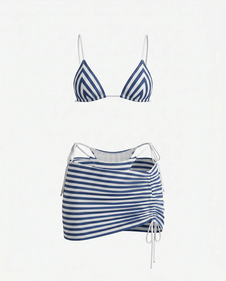 Set Bikini Tre Pezzi a Righe Blu con Gonna Mini