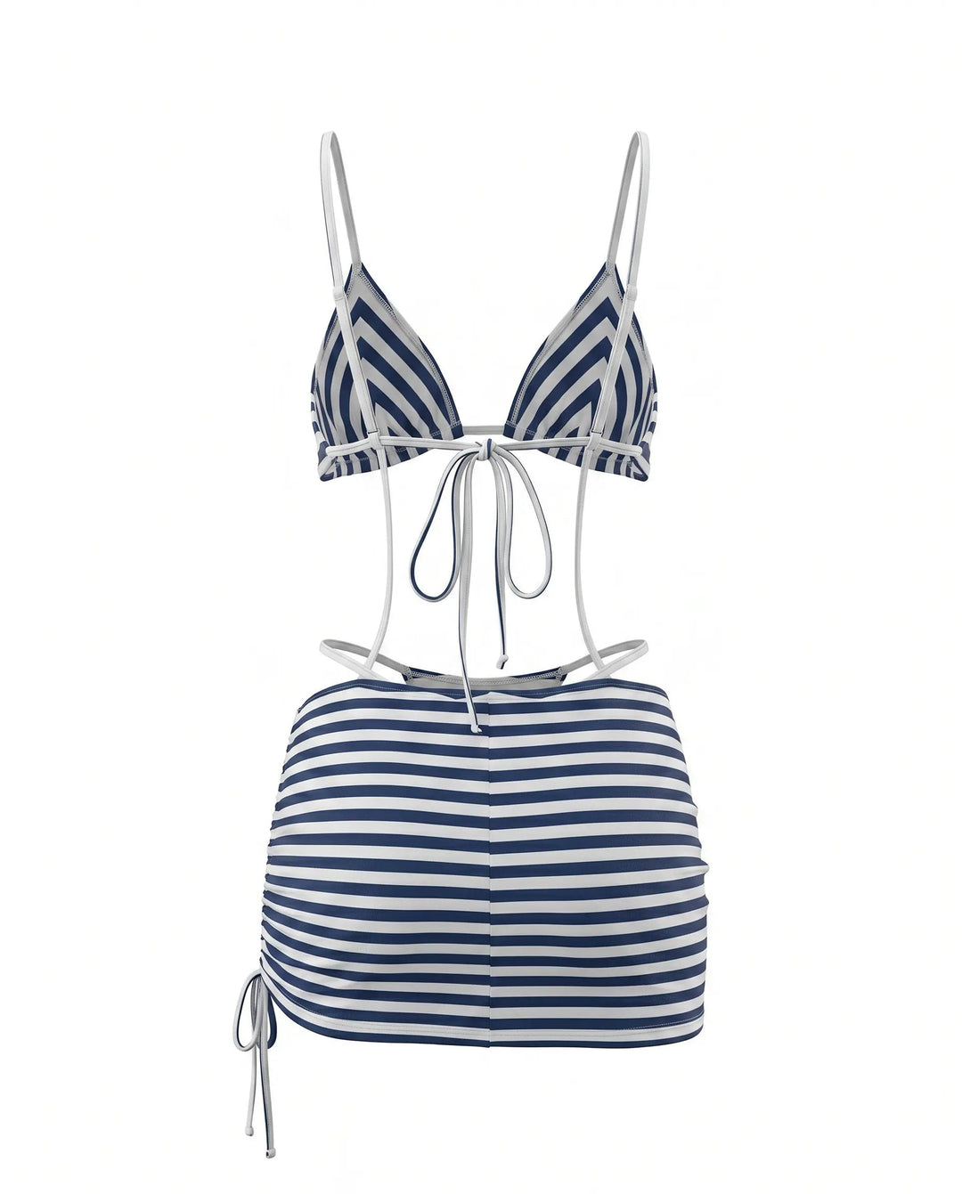 Set Bikini Tre Pezzi a Righe Blu con Gonna Mini