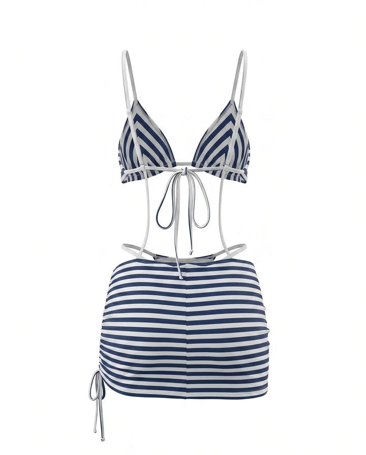 Set Bikini Tre Pezzi a Righe Blu con Gonna Mini