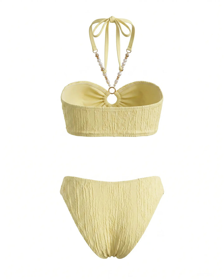Bikini Halter Giallo Texturizzato con Catena