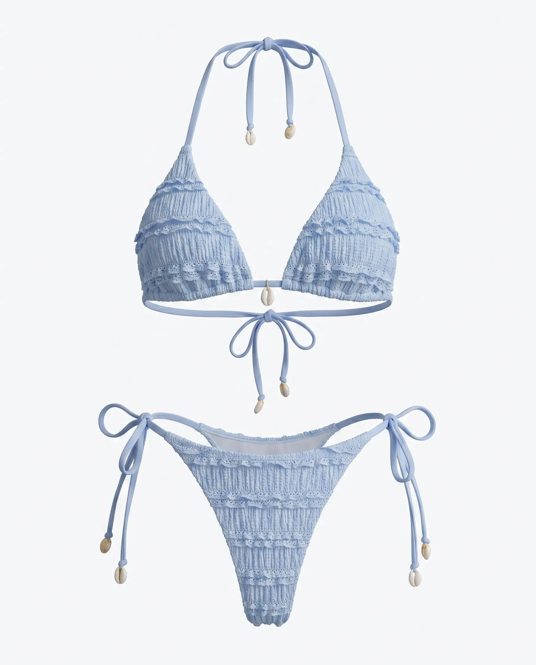 Bikini Halter Azzurro Texturizzato con Laccetti e Charm
