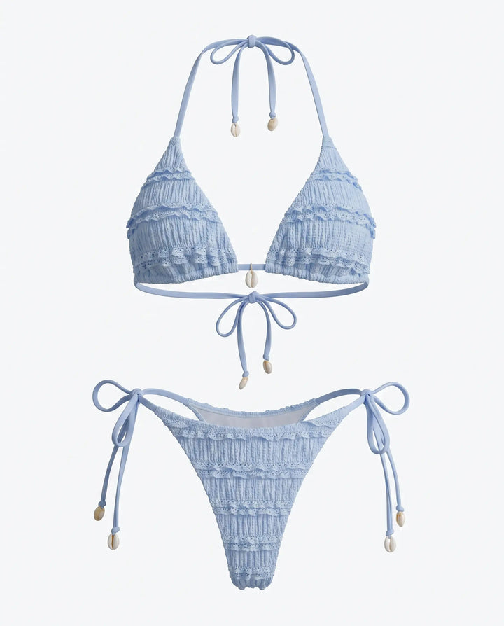 Bikini Halter Azzurro Texturizzato con Laccetti e Charm